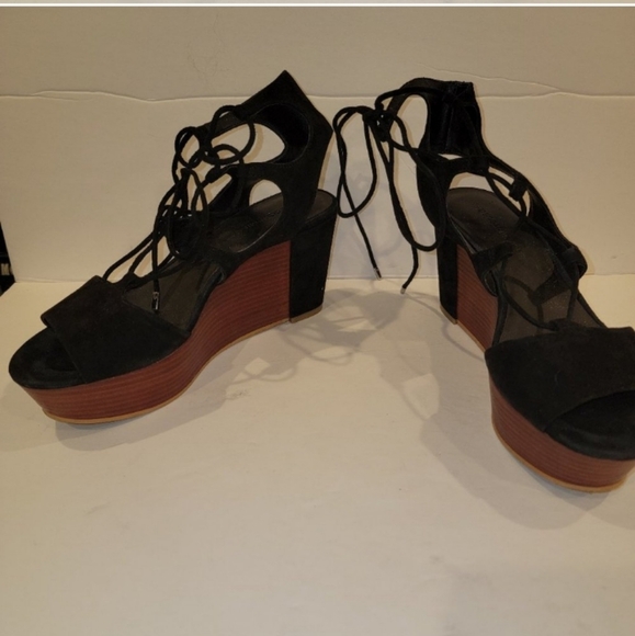 REBECCA MINKOFF STRAPPY WEDGE PLATFORM SANDALS SZ 8 BLACK SUEDE